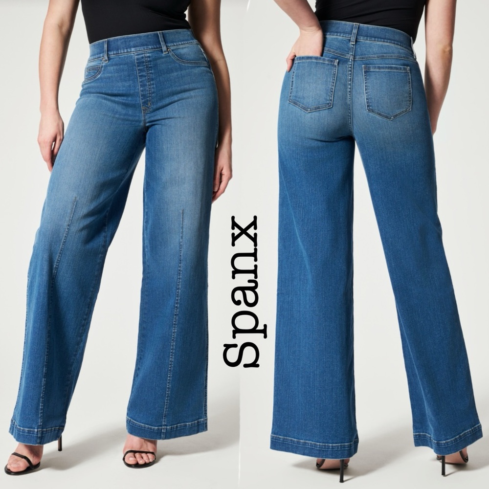 Spanx EveryWear Seamed-Front Wide Leg Jeans Vintage Indigo Size Large